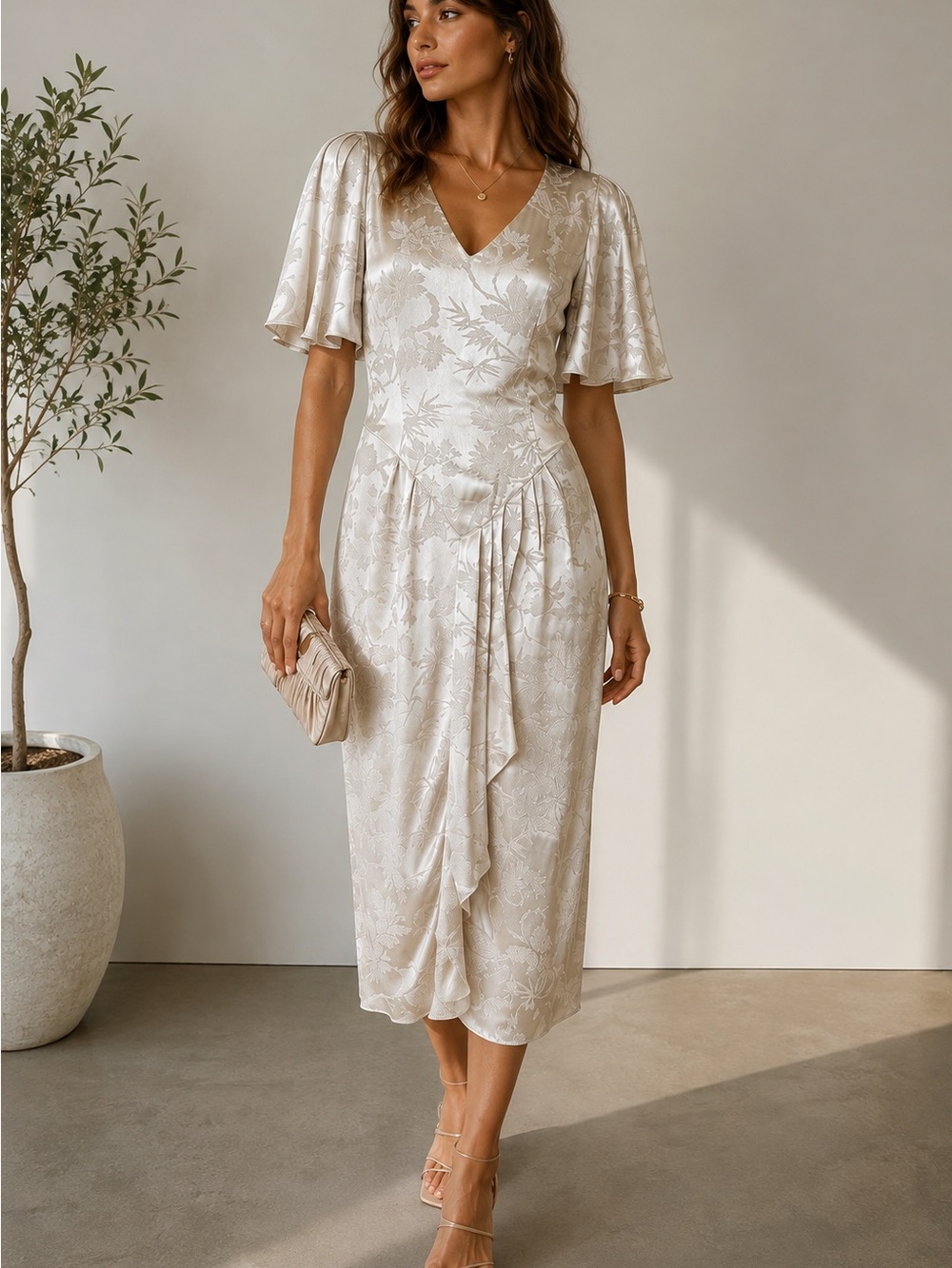 Vintage 1980s B.B. Collections Satin Jacquard Draped Midi Dress Size 10